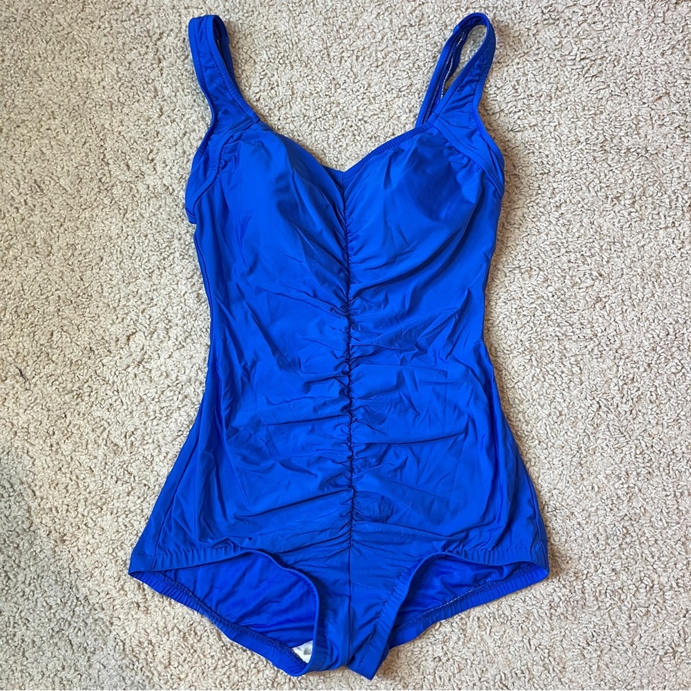 5/$25 VTG Maxine Of Hollywood Blue Scrunched Swimsuit One-Piece Size 10 Women's